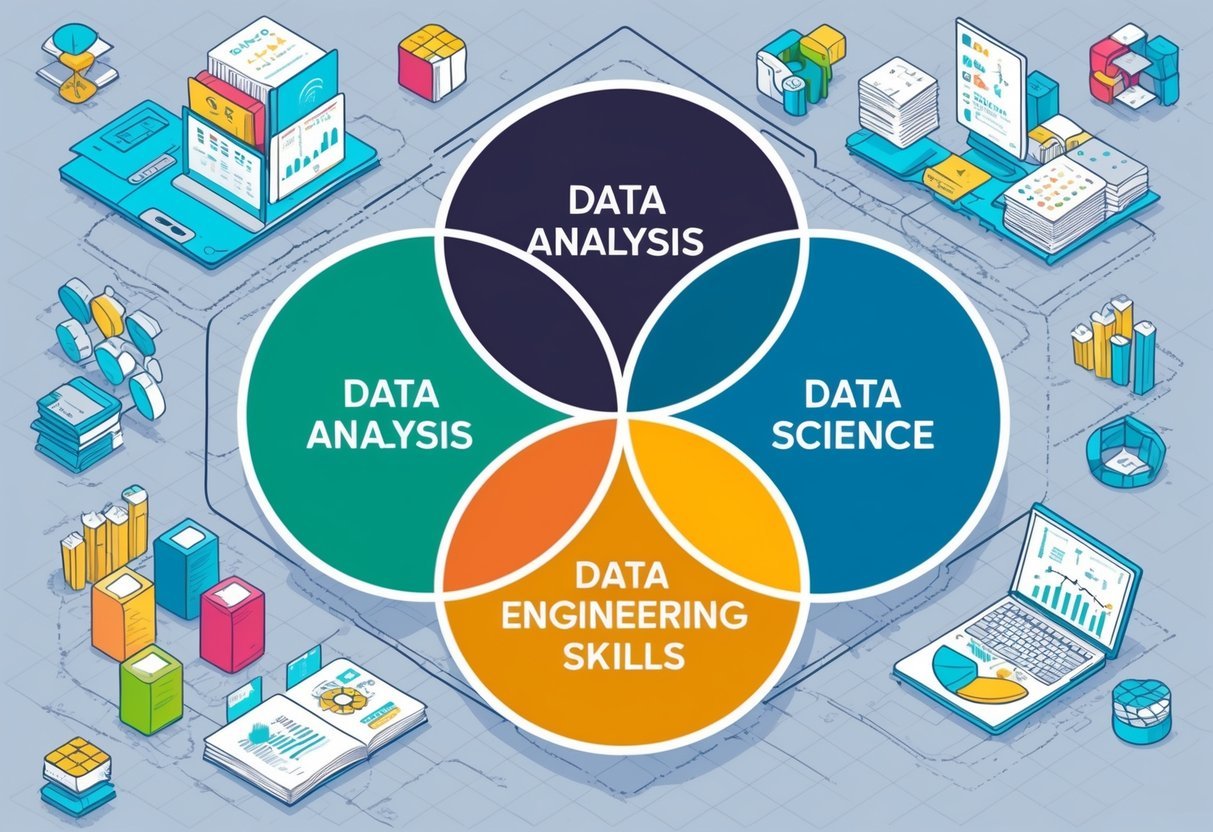 A Venn diagram with three overlapping circles representing data analysis, data engineering, and data science skills
