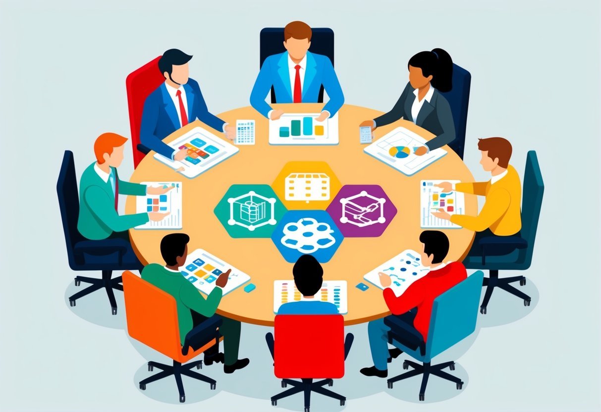 A group of people with diverse backgrounds collaborate around a table, exchanging ideas and working together on data-related projects