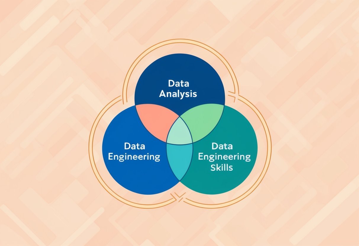 A Venn diagram with three overlapping circles representing data analysis, data engineering, and data science skills