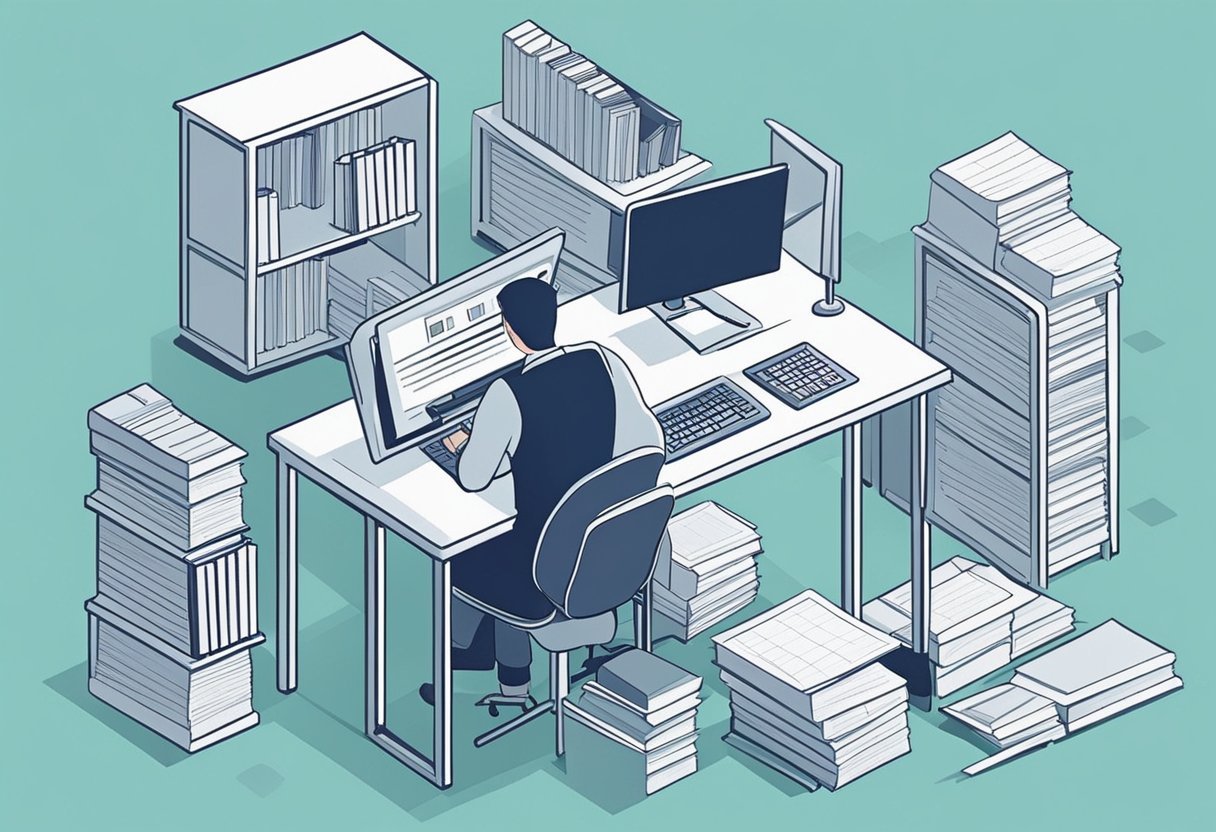 A person at a desk, sketching out a database design on a blank piece of paper, with a computer and reference books nearby