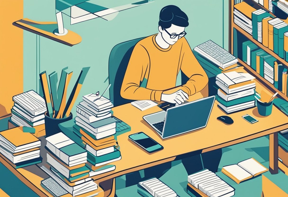 A person sitting at a desk with a blank computer screen, surrounded by books and papers, pondering how to begin designing a database