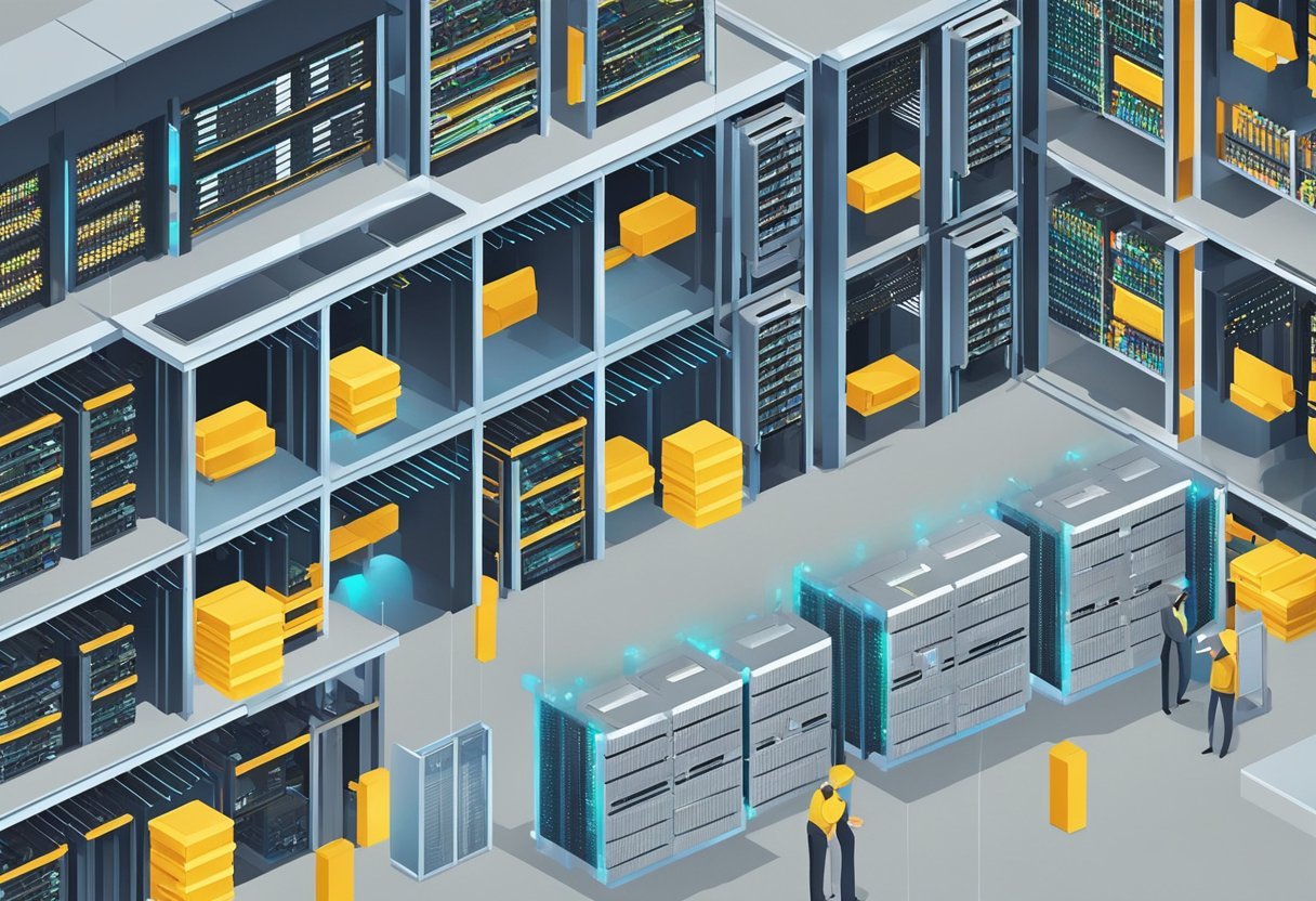 A sleek, modern computer server room with rows of flashing lights and cables, showcasing efficient database performance and optimization