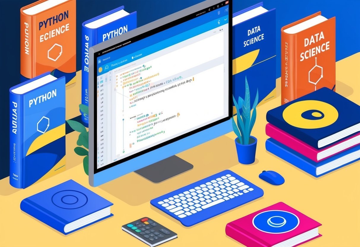 A computer screen displaying the Python code editor with a simple beginner-level code written on it, surrounded by books on Python and data science
