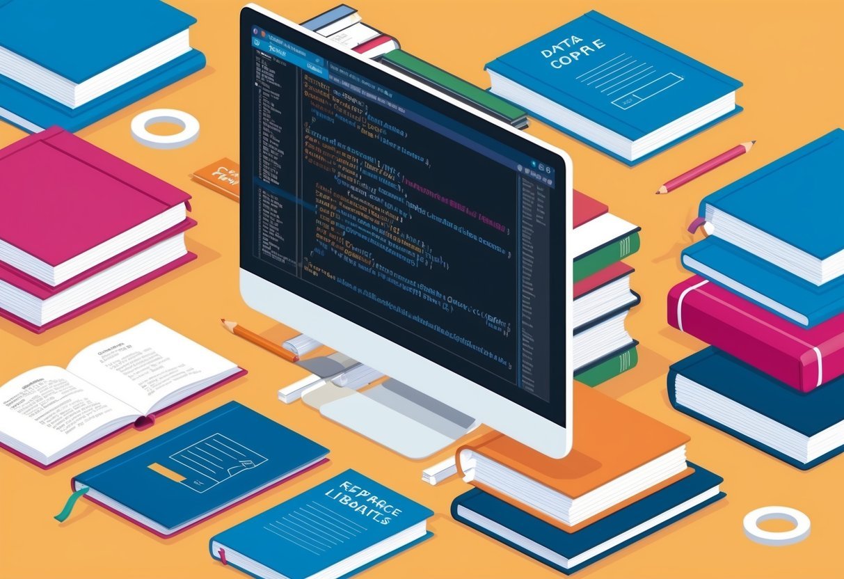 A computer screen displaying Python code with data science libraries open, surrounded by reference books and notebooks