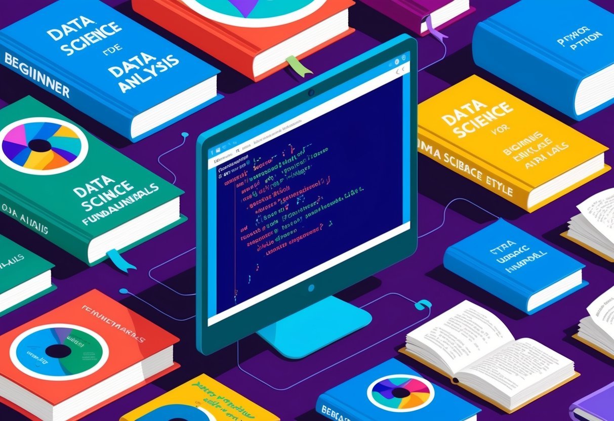 A computer screen displaying beginner Python code for data analysis, surrounded by books on data science fundamentals