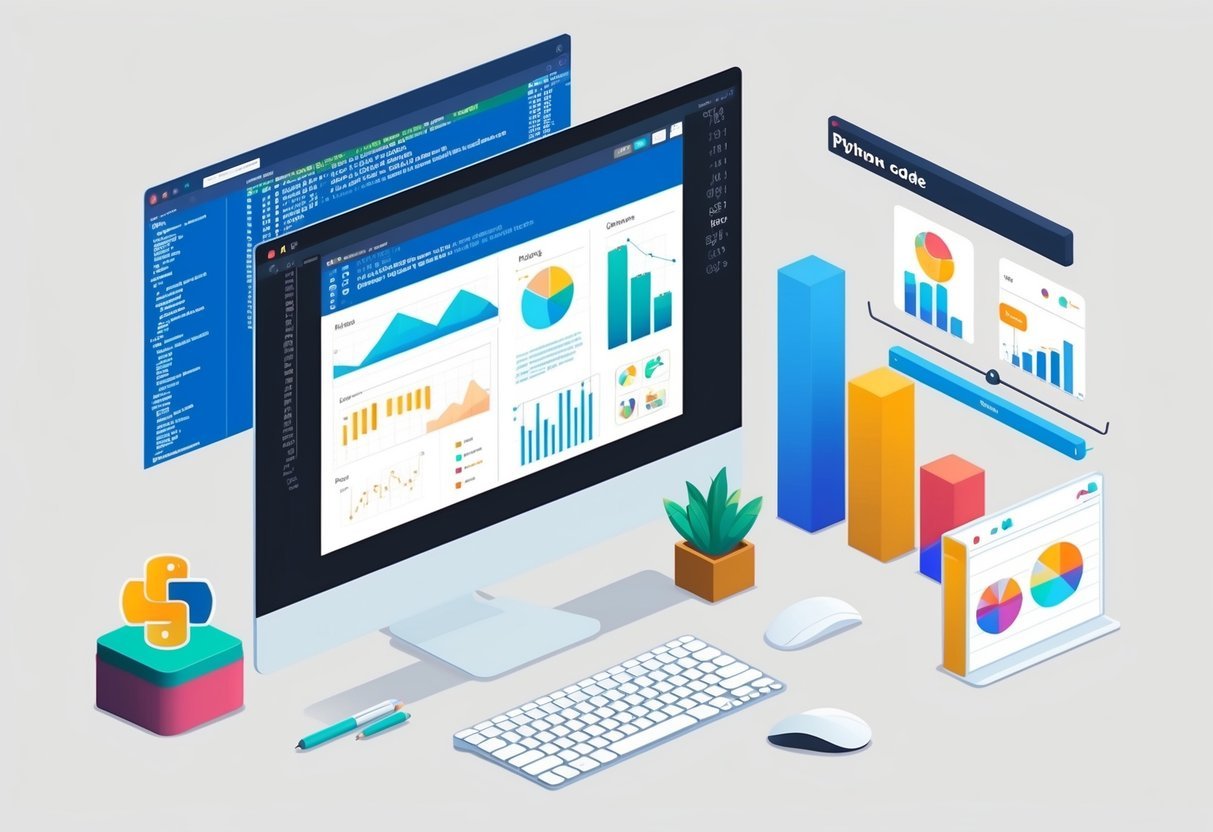 A computer screen with Python code, graphs, and charts displayed for data visualization learning