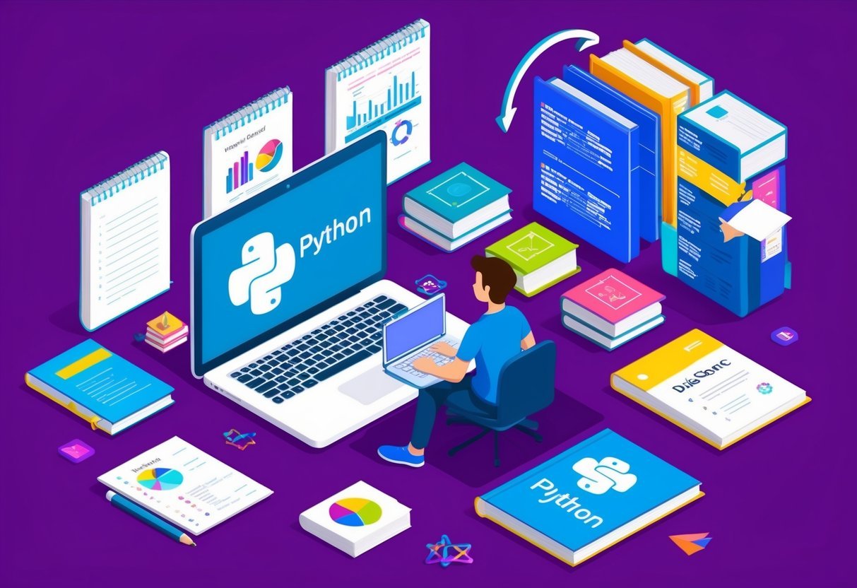 A person learning Python coding with a laptop surrounded by books and notes on data science