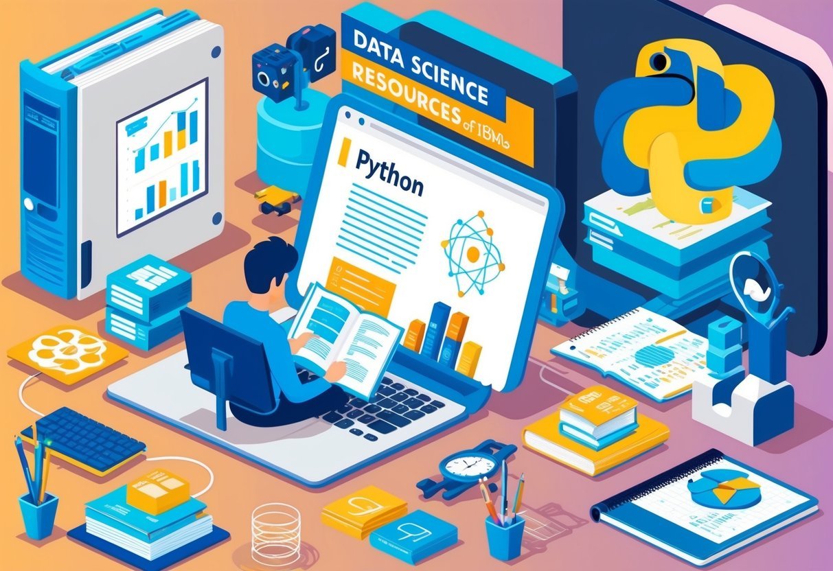 A person studying a Python textbook surrounded by data science resources and a computer