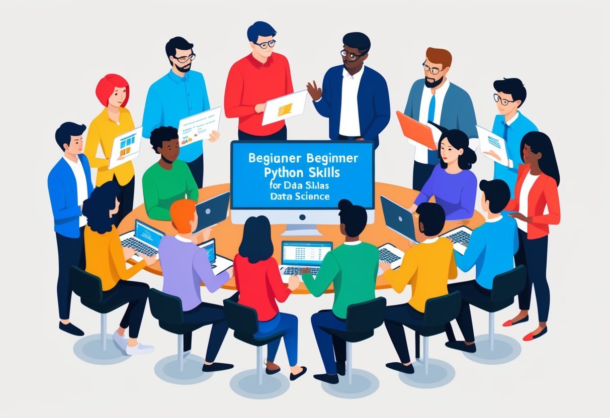A group of diverse people gathered around a computer, discussing and learning beginner Python skills for data science