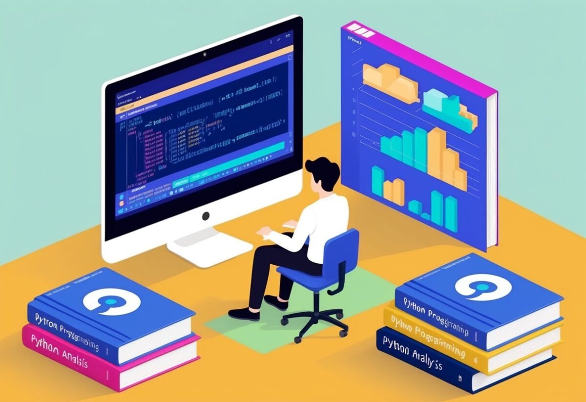 A person sitting at a desk with a computer, surrounded by books on Python programming and data analysis. Code snippets and data visualizations are displayed on the computer screen