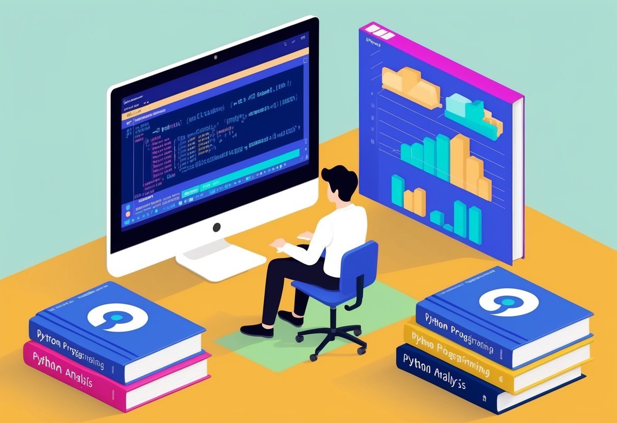 A person sitting at a desk with a computer, surrounded by books on Python programming and data analysis. Code snippets and data visualizations are displayed on the computer screen