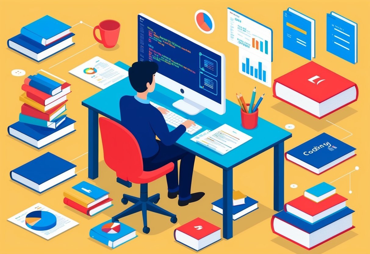 A person sitting at a desk with a computer, surrounded by books and papers, working on coding and data analysis