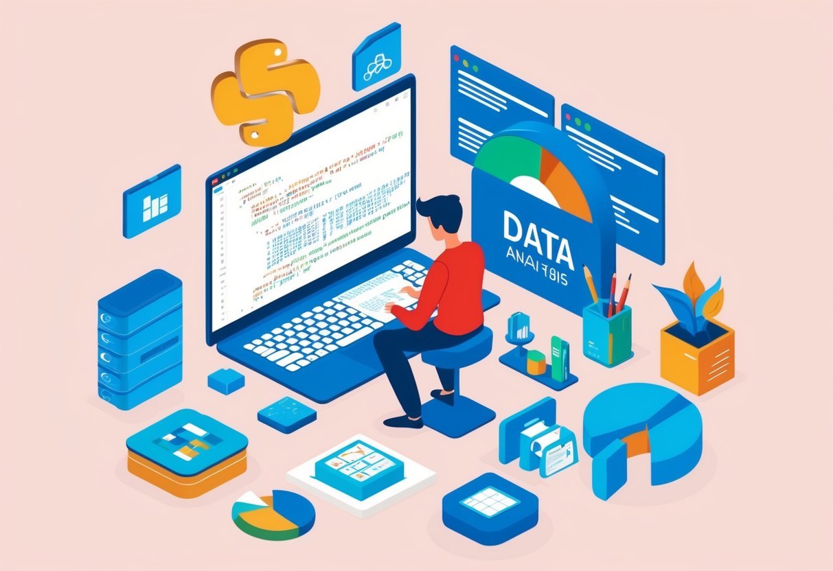A person studying Python code while surrounded by data analysis tools and resources
