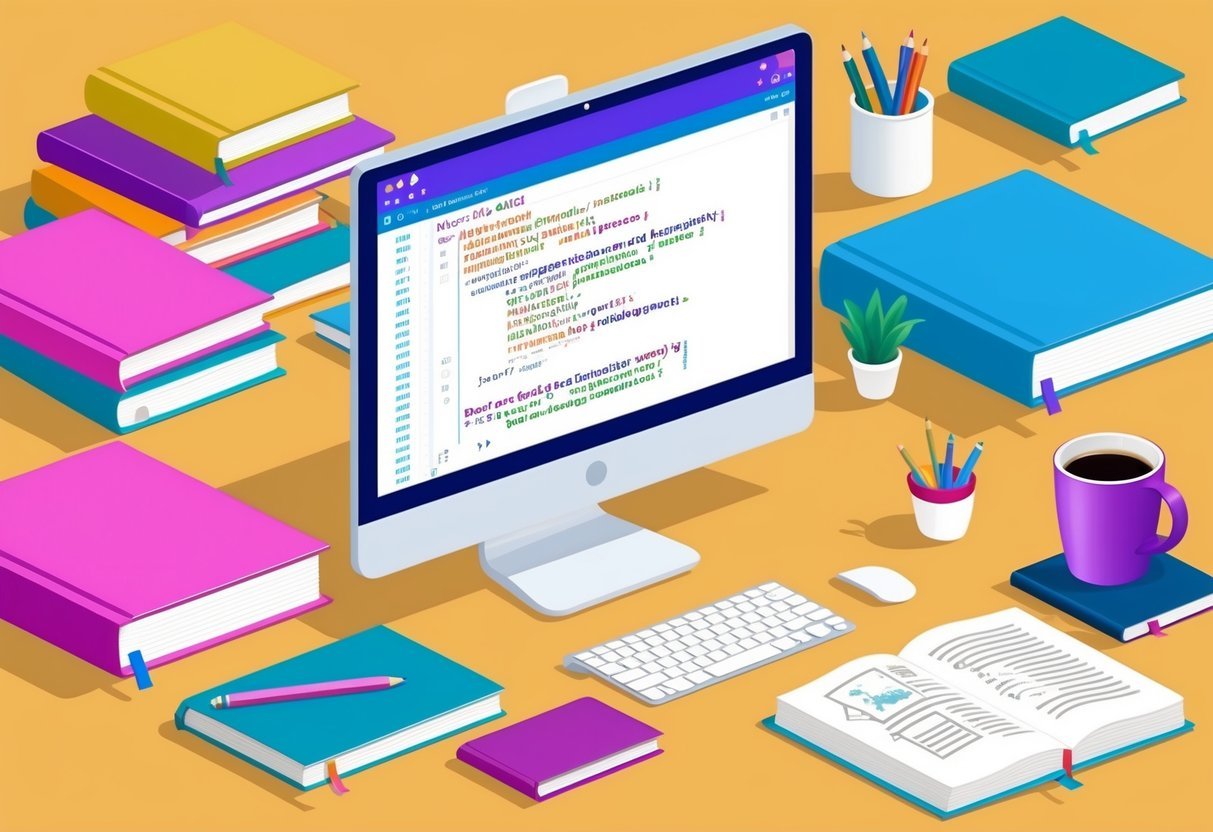 A computer screen displaying Python code with data science libraries open, surrounded by notebooks, textbooks, and a cup of coffee