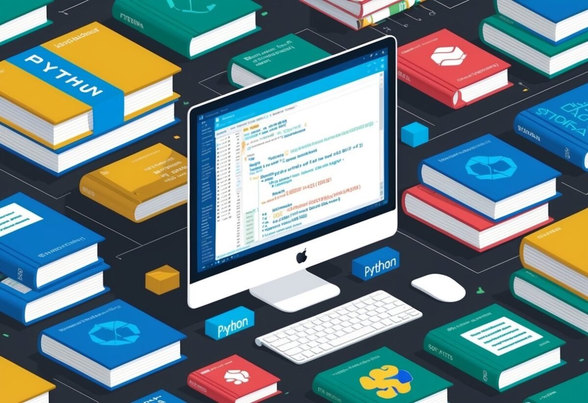 A computer screen displaying Python code for data analysis, surrounded by books on data structures and storage