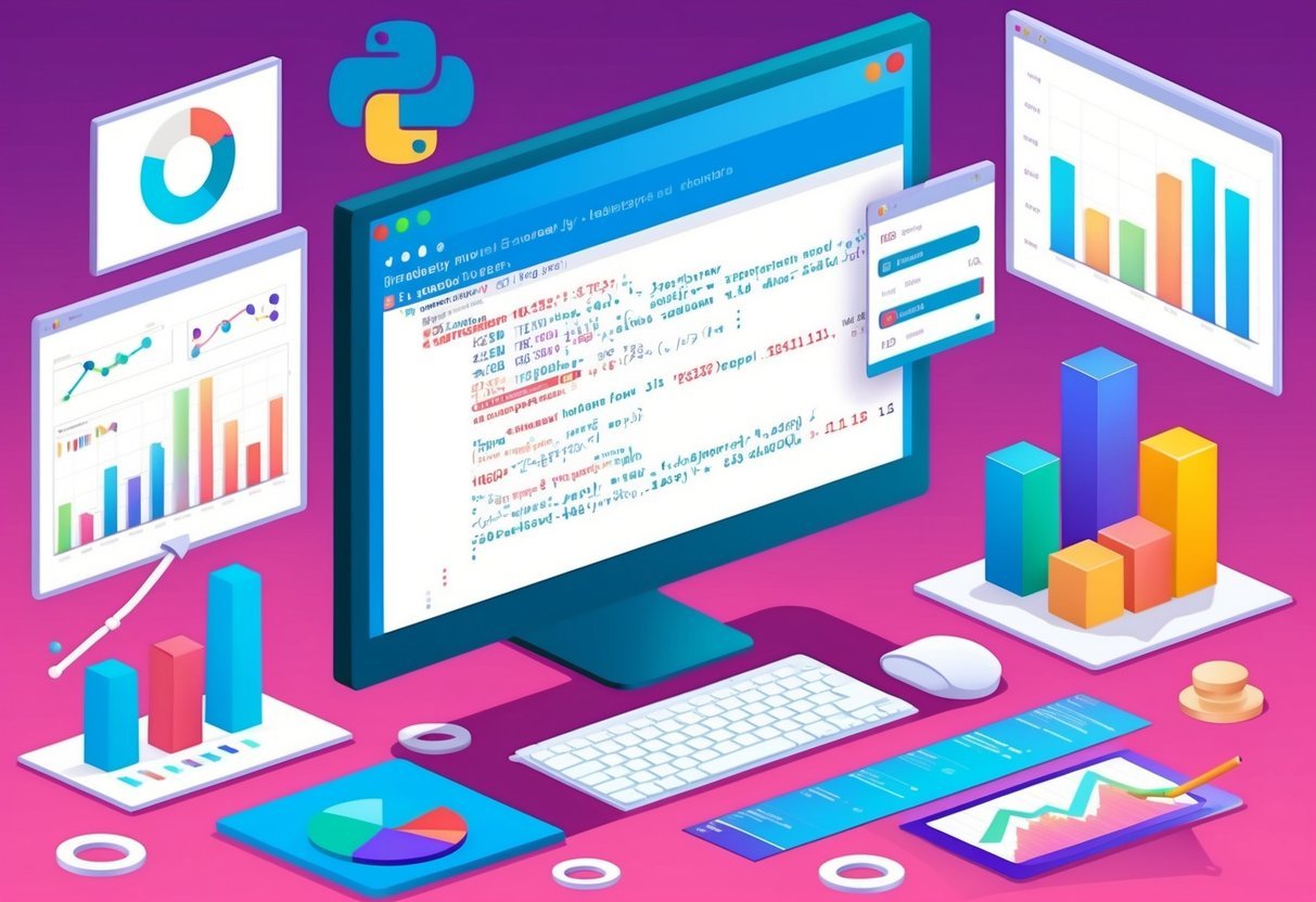 A computer screen displaying a complex Python code, surrounded by charts and graphs representing data analysis