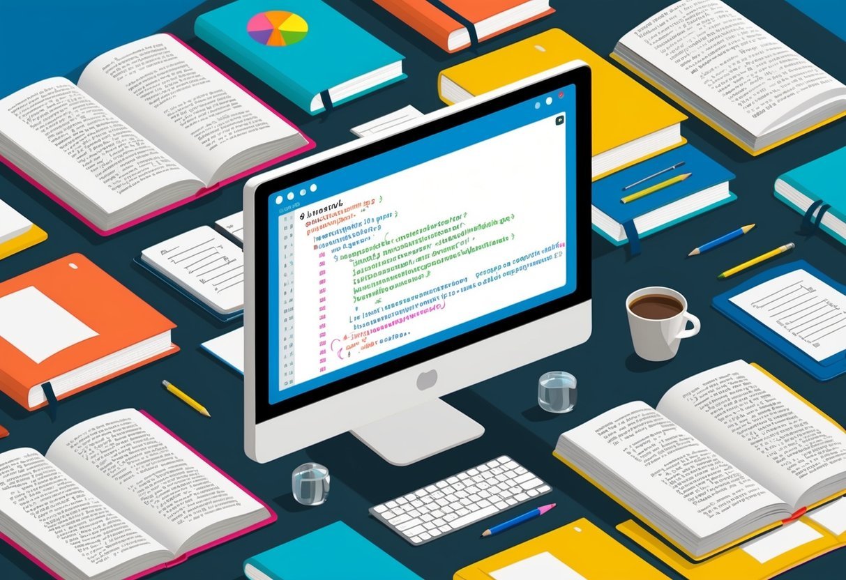 A computer screen displaying Python code for data analysis, surrounded by open books and notebooks with notes