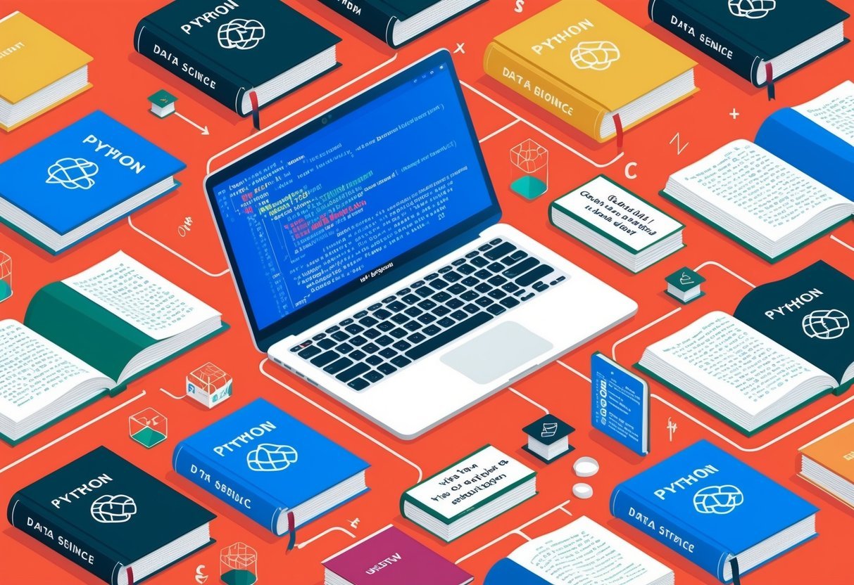 A laptop displaying code for data analysis, surrounded by books on Python and data science