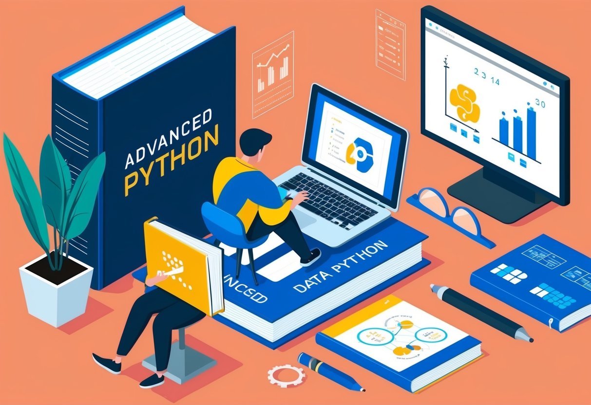 A person studying a book on advanced Python with a computer and data analysis tools on the desk