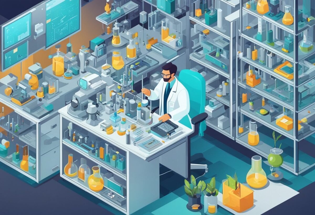 A scientist in a lab, surrounded by various scientific equipment and technology, carefully examines and categorizes different attributes