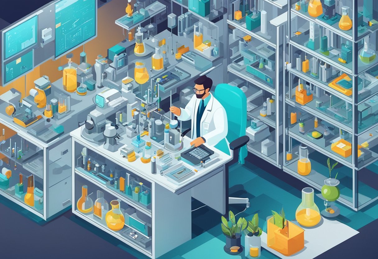 A scientist in a lab, surrounded by various scientific equipment and technology, carefully examines and categorizes different attributes