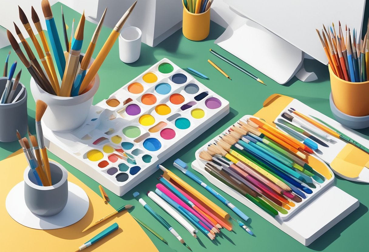 A colorful palette of paintbrushes, pencils, and markers arranged on a clean, white desk, with a bright window casting natural light onto the tools