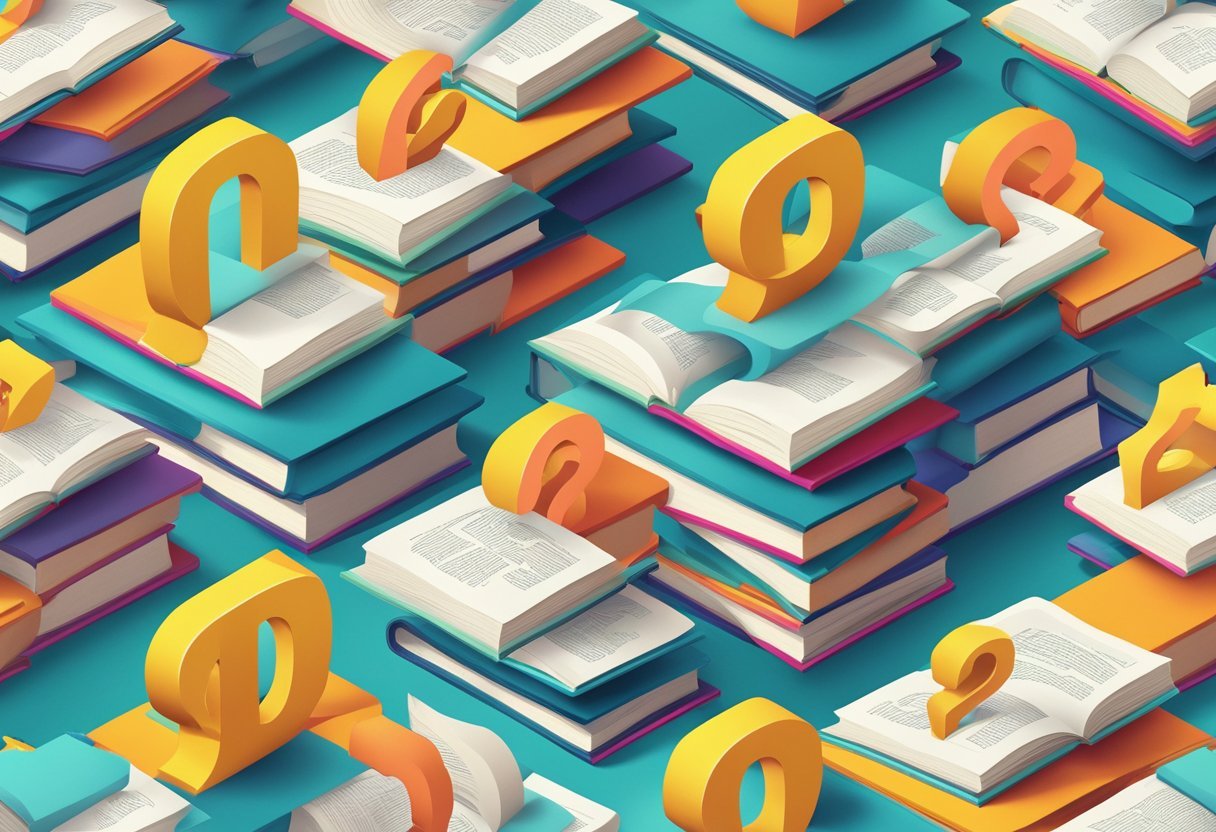 A stack of open books with question marks floating above them