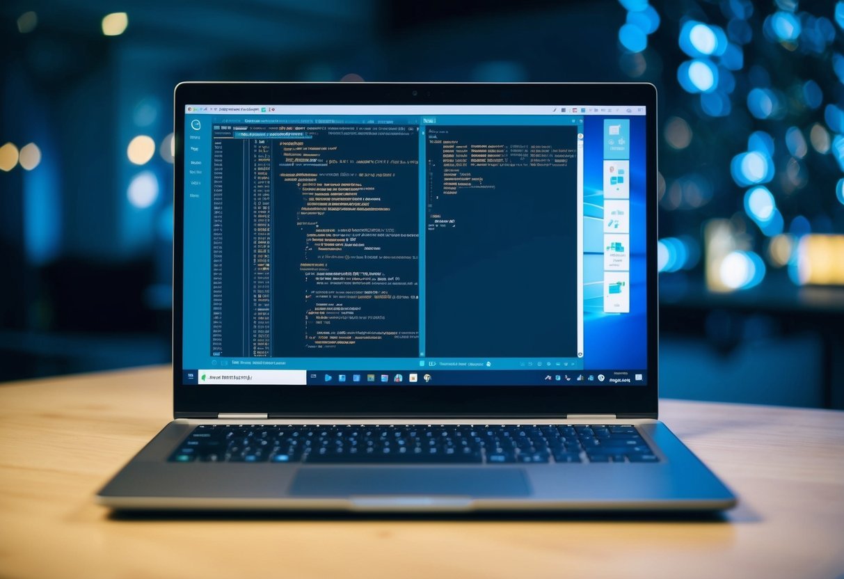 A laptop open to a code editor, with multiple SQL queries and window functions displayed on the screen