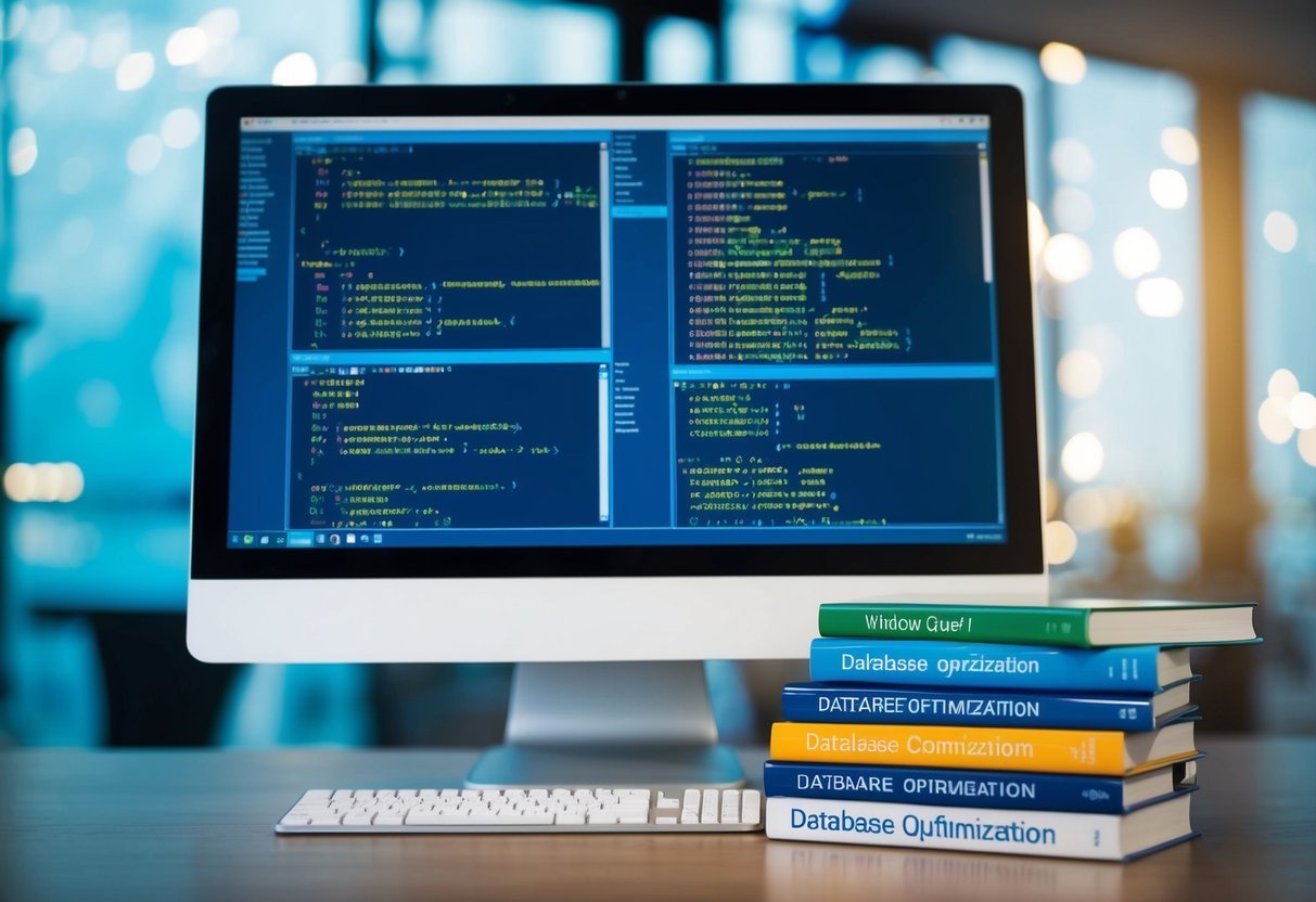 A computer screen displaying SQL queries and window functions with a stack of books on database optimization beside it
