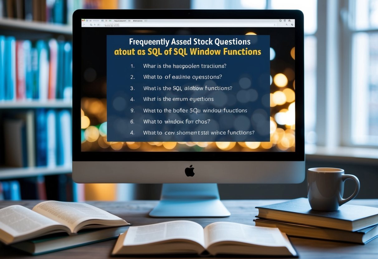 A computer screen displaying a webpage with a list of frequently asked questions about SQL window functions, surrounded by open books and a coffee mug