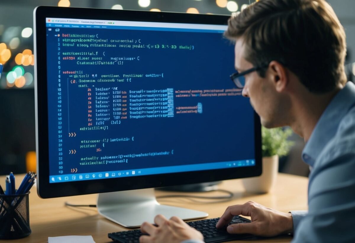 A person writing SQL code on a computer, with various local variables and stored procedures displayed on the screen
