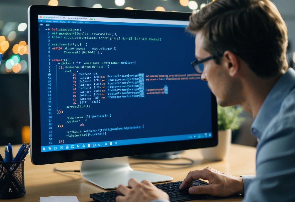 A person writing SQL code on a computer, with various local variables and stored procedures displayed on the screen
