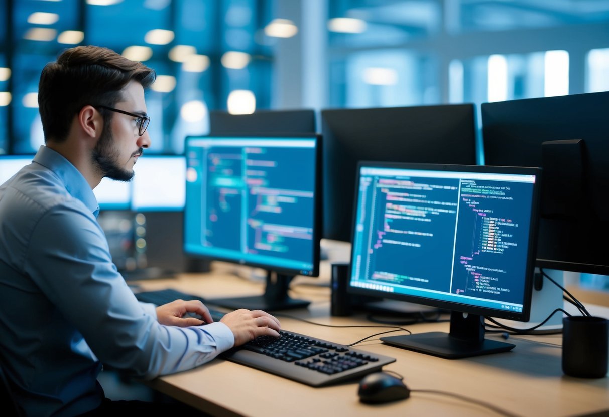 A programmer at a desk, surrounded by computer monitors and code, troubleshooting and debugging SQL stored procedures
