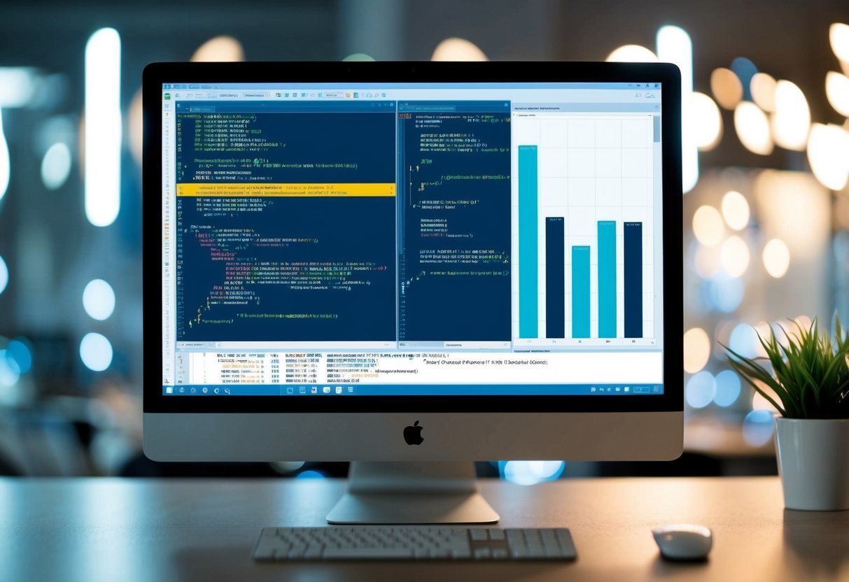 A computer screen with a SQL stored procedure code, highlighted variables, and a performance optimization graph