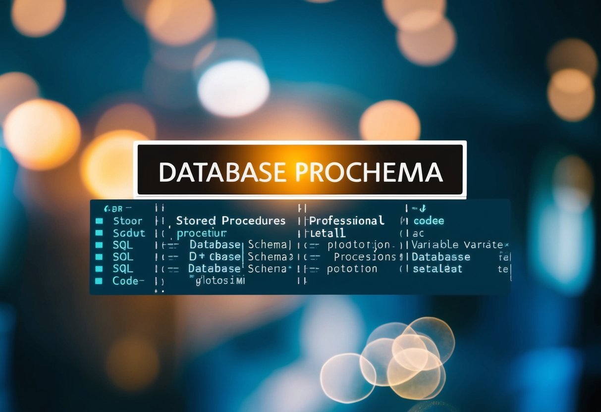 A database schema with stored procedures, highlighted variable declarations and SQL code