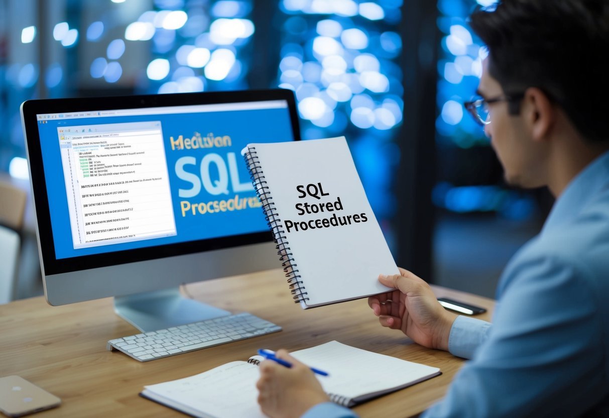 A person at a computer, reading a book on SQL stored procedures, with a notepad and pen nearby for taking notes