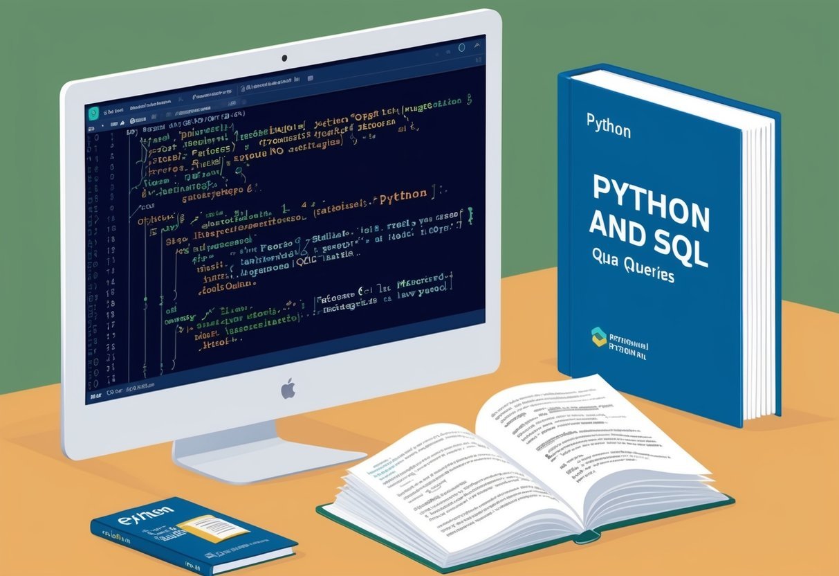 A computer screen showing Python code integrated with SQL queries, with a book on Python and SQL open next to it
