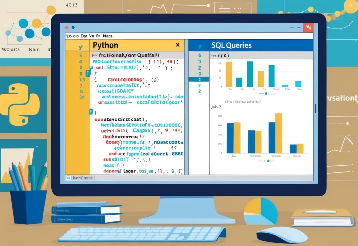 A computer screen displaying Python code and SQL queries side by side, with data visualization charts and graphs in the background
