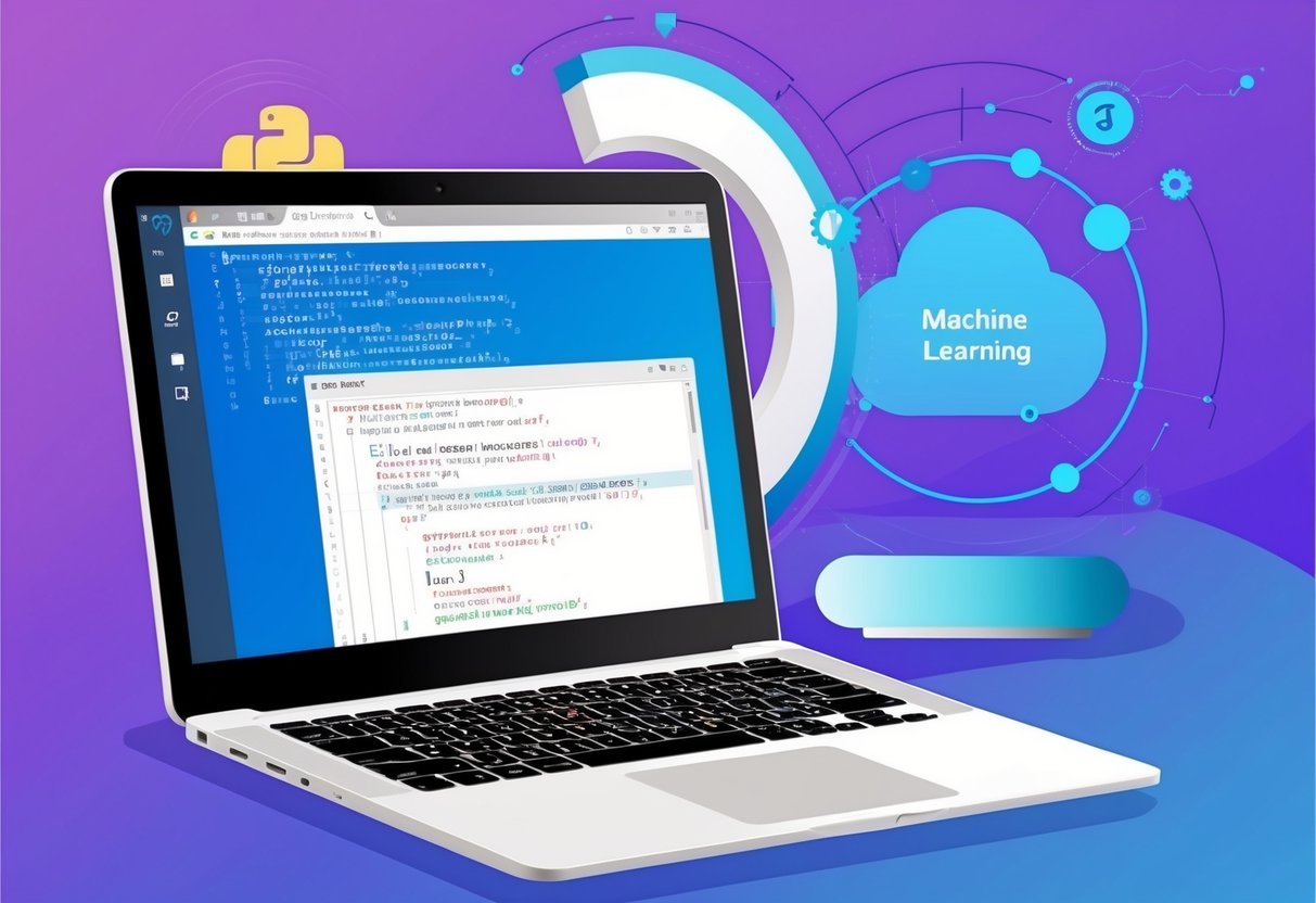 A laptop displaying Python code integrated into SQL queries, with a machine learning algorithm running in the background