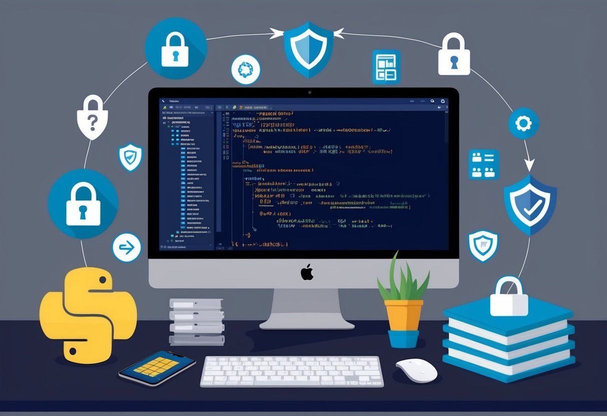 A computer screen displaying Python code integrated with SQL, surrounded by security and best practices symbols and icons