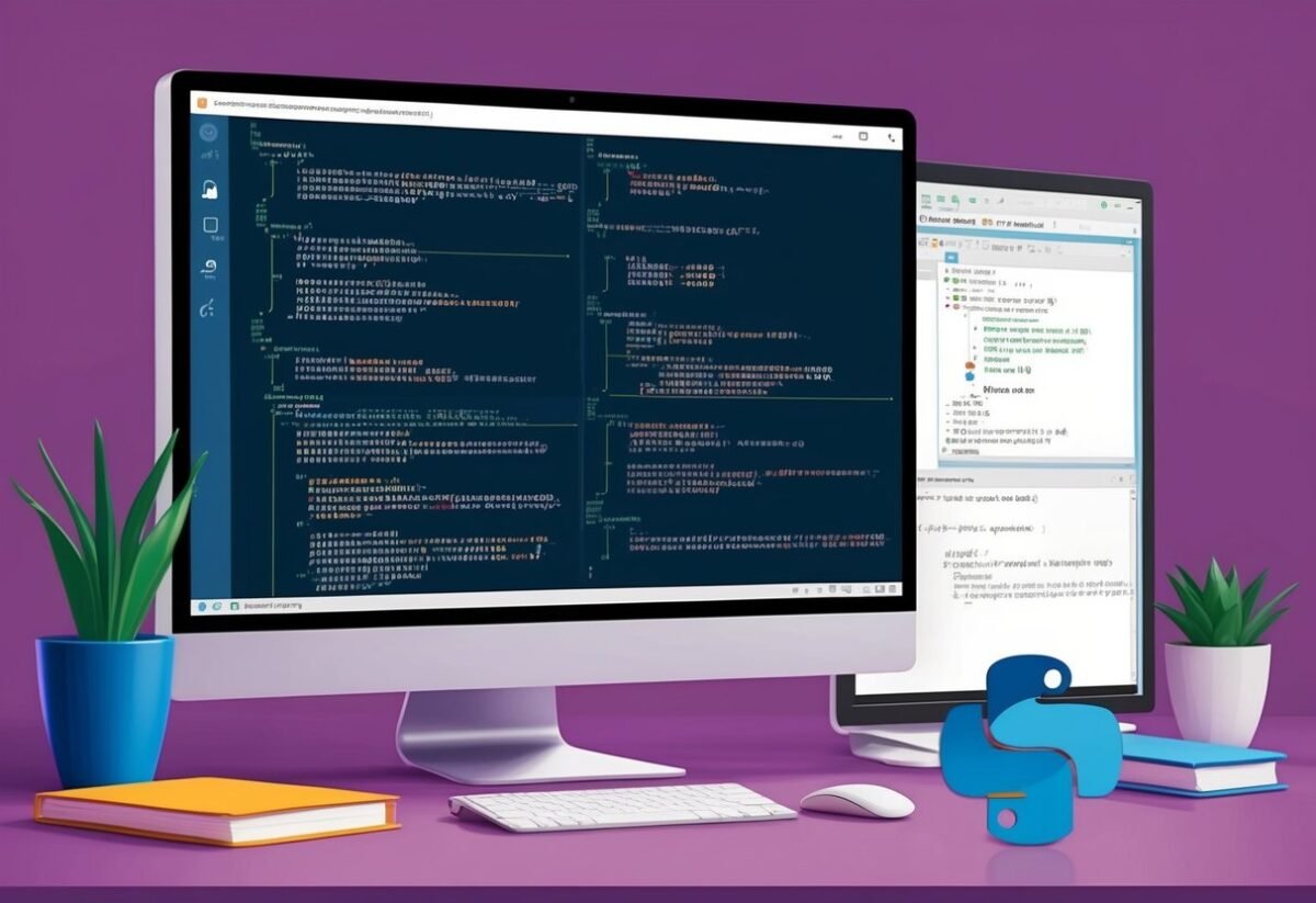 A computer screen displaying various error types and error messages with a Python code editor open in the background