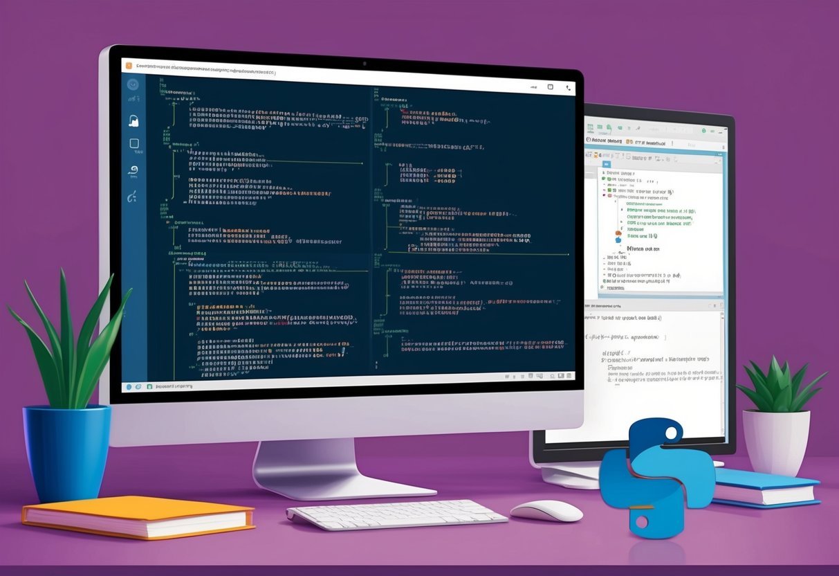 A computer screen displaying various error types and error messages with a Python code editor open in the background