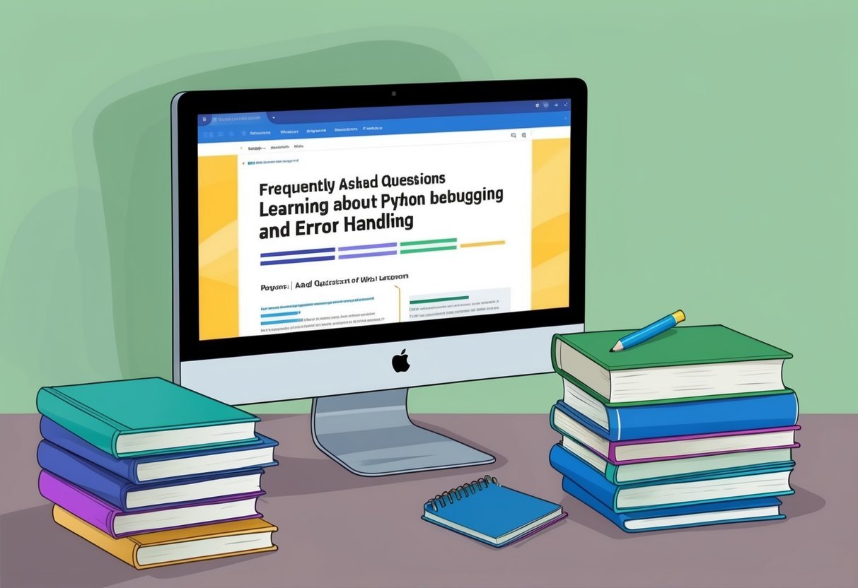 A computer screen displaying a webpage titled "Frequently Asked Questions Learning About Python Debugging and Error Handling", with a stack of books and a notebook nearby