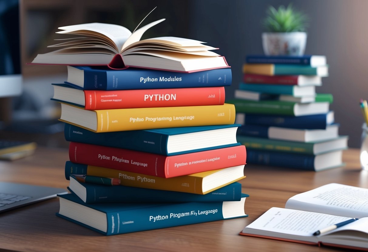 A stack of open books with Python programming language modules on a desk