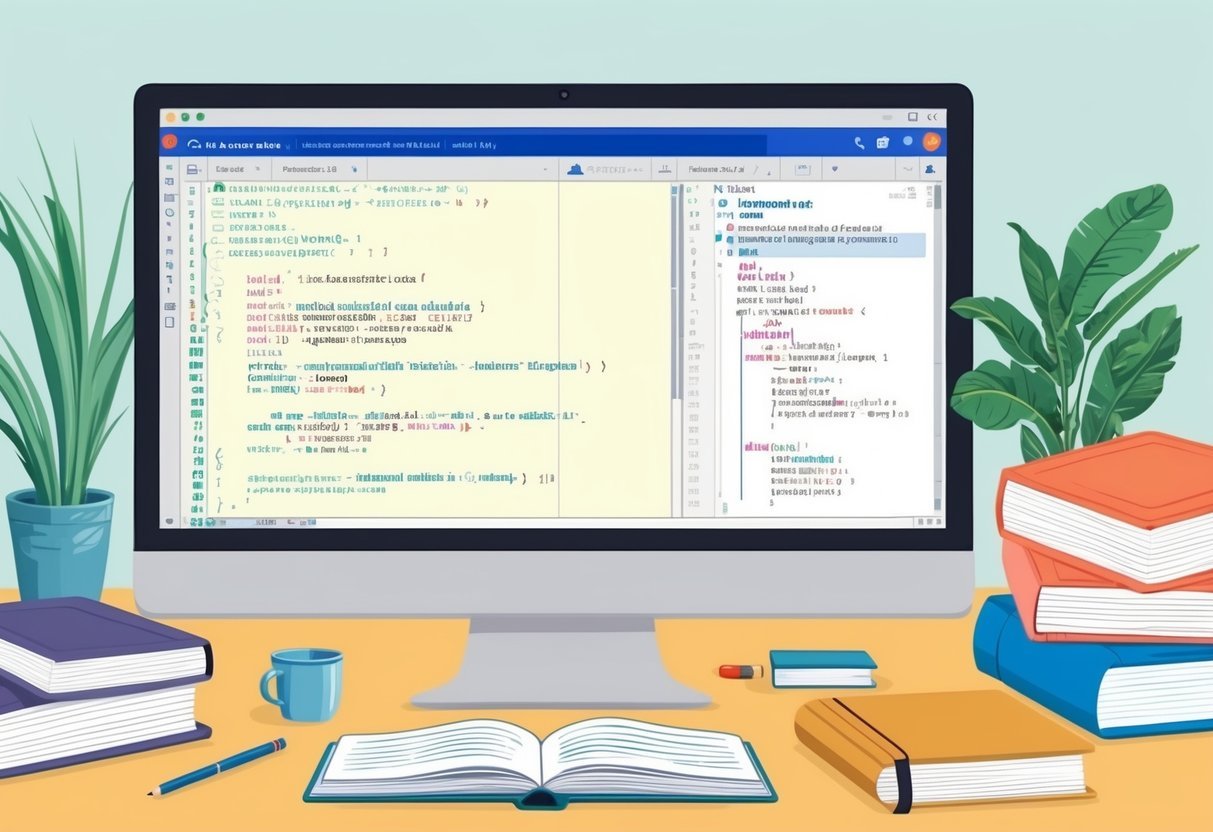 A computer screen displaying code with Python modules and data science concepts, surrounded by books and notebooks
