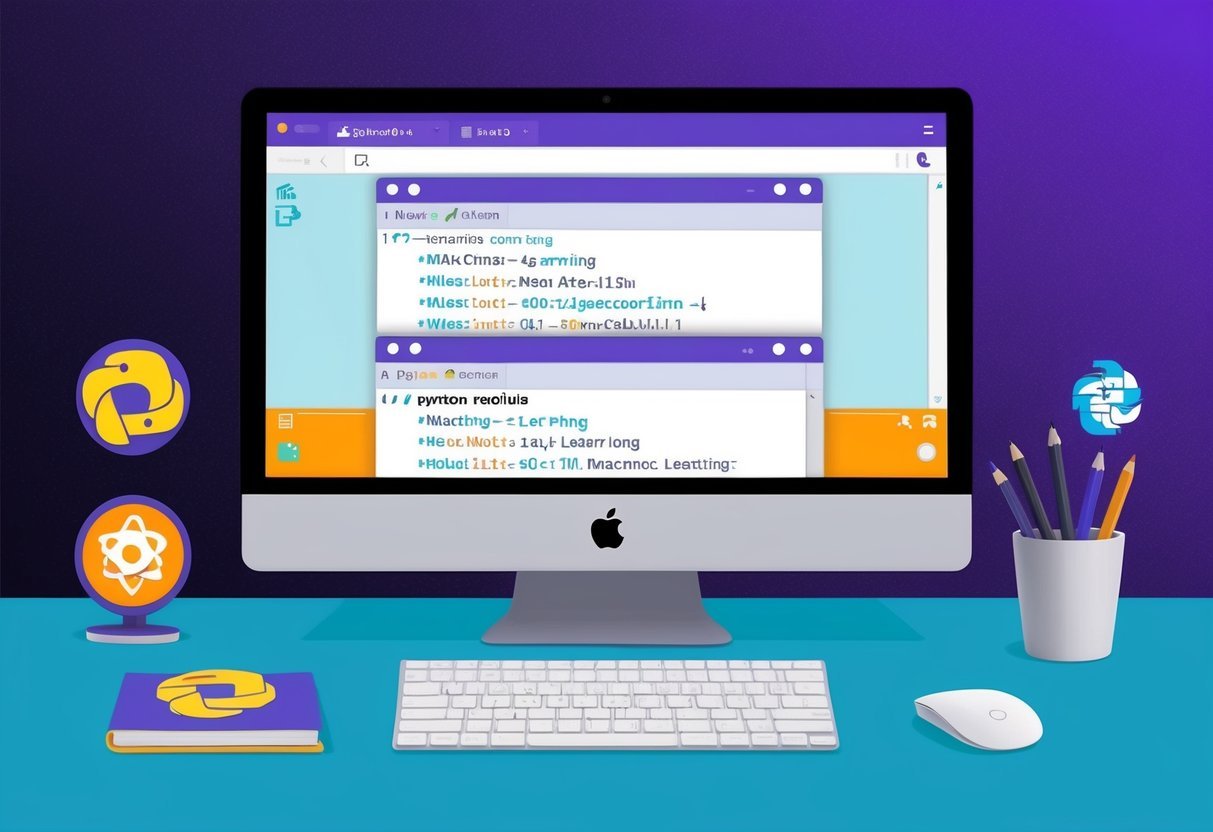 A computer displaying code with machine learning algorithms and Python module icons