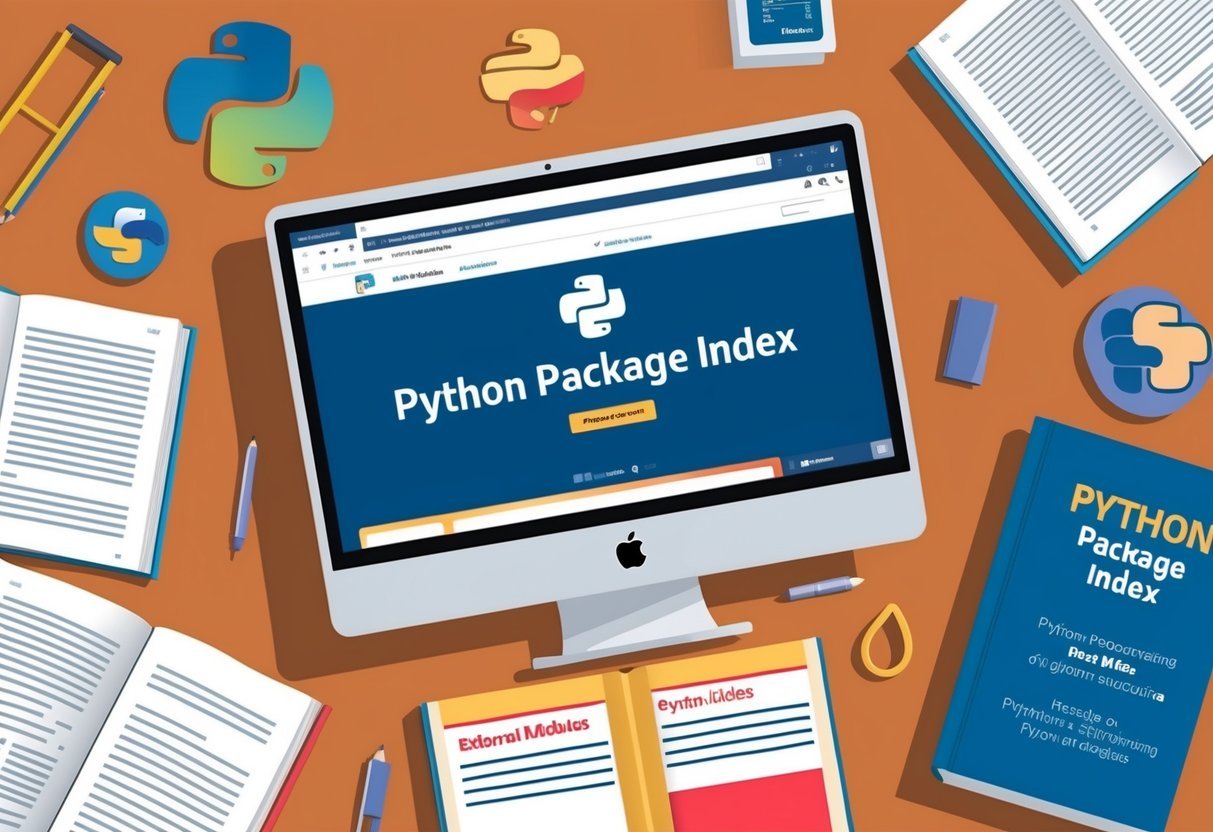 A computer screen displaying the Python Package Index website, surrounded by open books on Python programming and external modules
