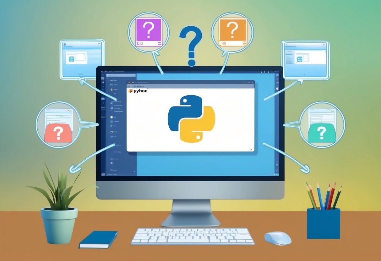 A computer screen with Python logo surrounded by question marks and various external module icons