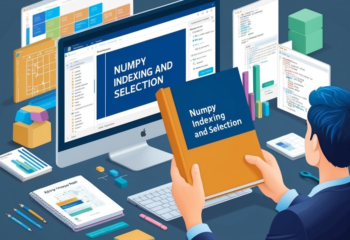 A person studying a book on NumPy indexing and selection, with a computer open to a coding tutorial, surrounded by various data analysis tools and reference materials