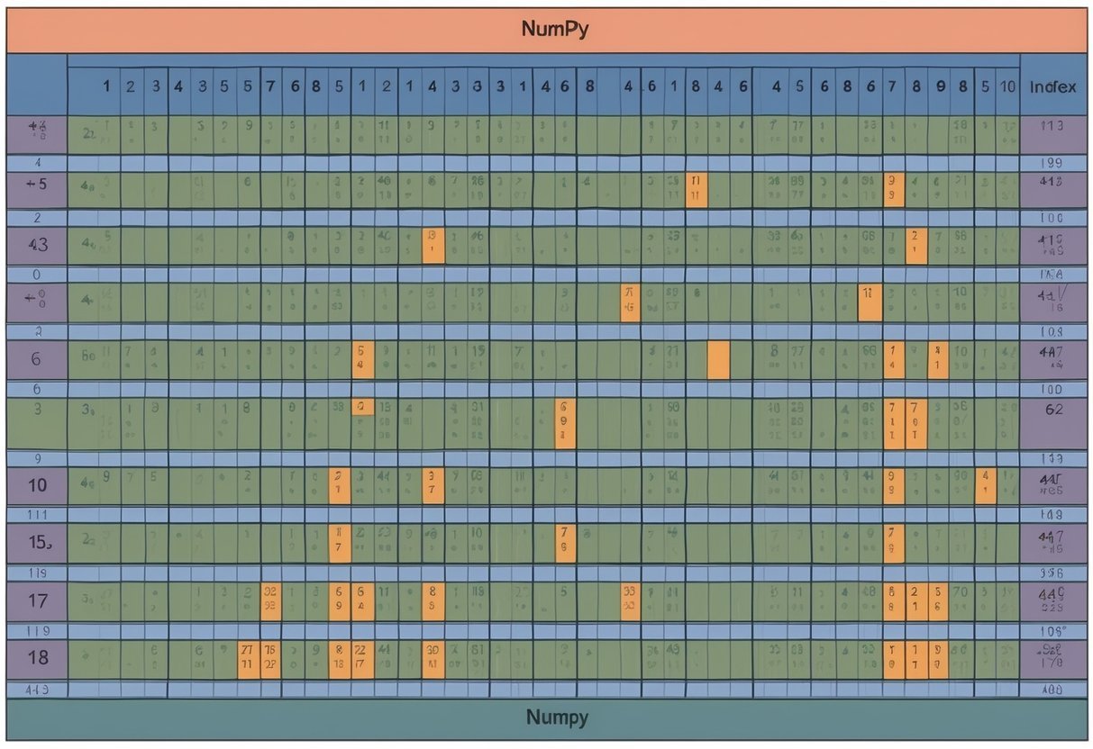 A grid of numbers arranged in rows and columns, with a focus on selecting and indexing specific elements using NumPy